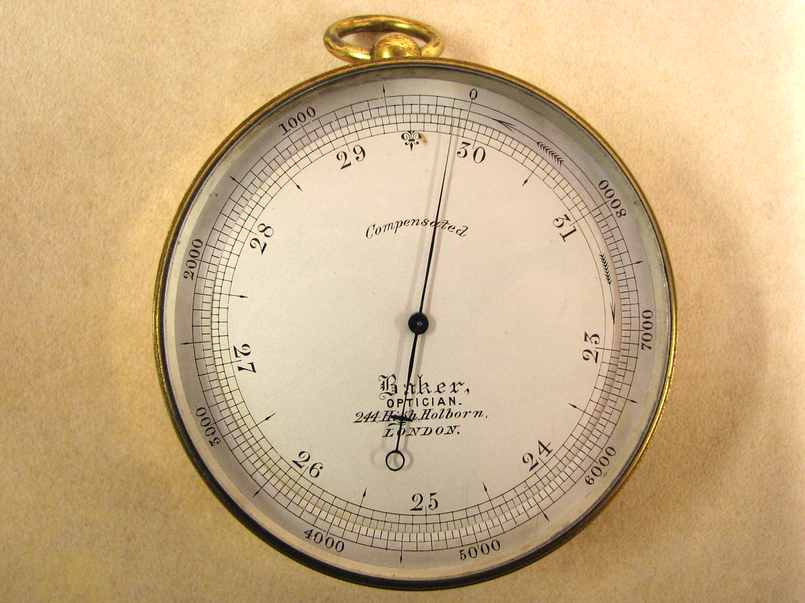 19th Century pocket barometer signed 'Baker, OPTICIAN. 244 High Holborn, London'